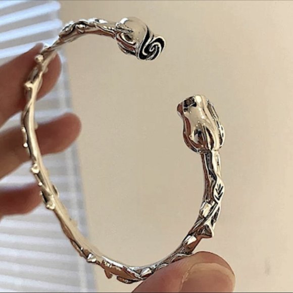 STERLING SILVER ROSE FLOWER BANGLE BRACELET - Picture 1 of 7